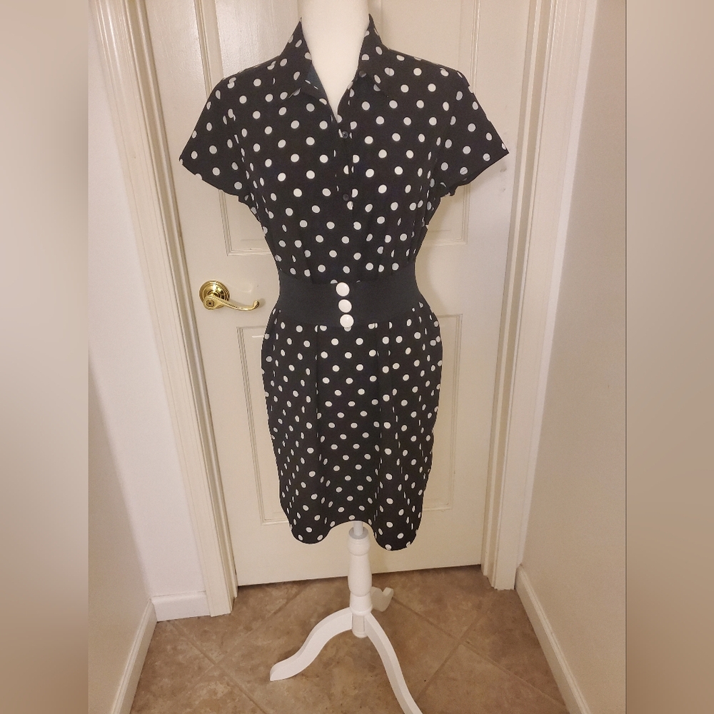 Ann Taylor Black Dress with White Polka Dots